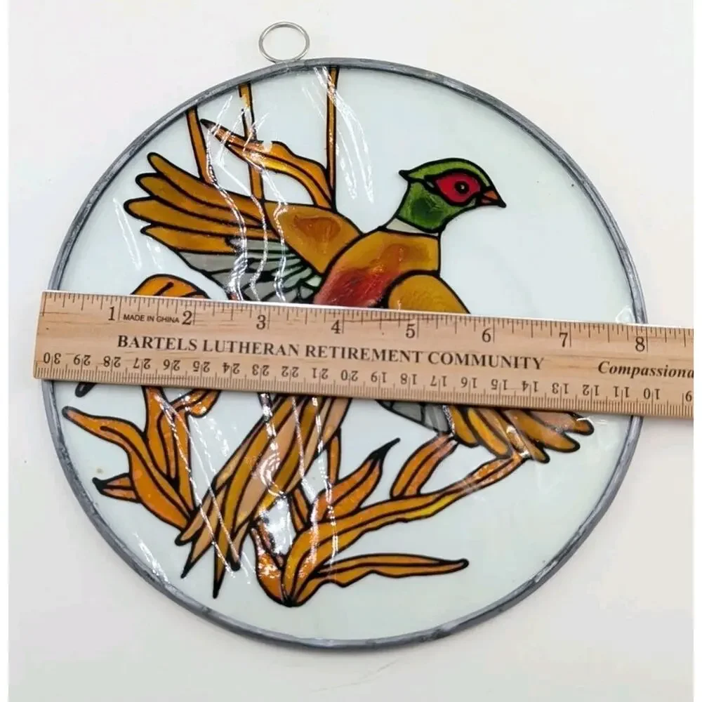 Vintage Round Stained Glass Suncatcher Pheasant Bird Window Hanging Art Leaded